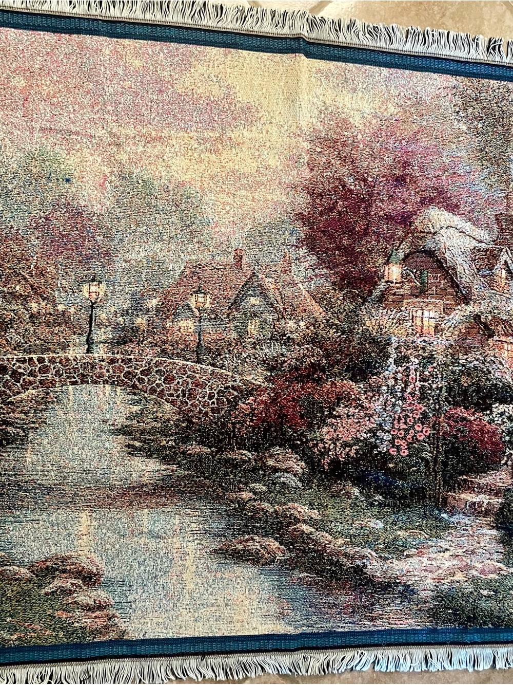 Thomas Kinkade Cottage Bridge Tapestry - Pink & Cream 60x48